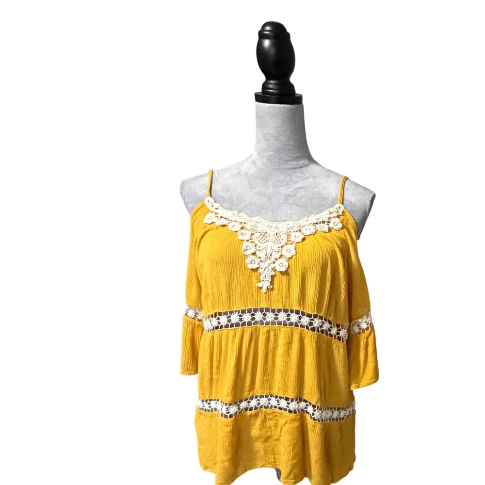 Urban Girl Mustard Yellow Cold Shoulder Crochet Lace Boho Top Large